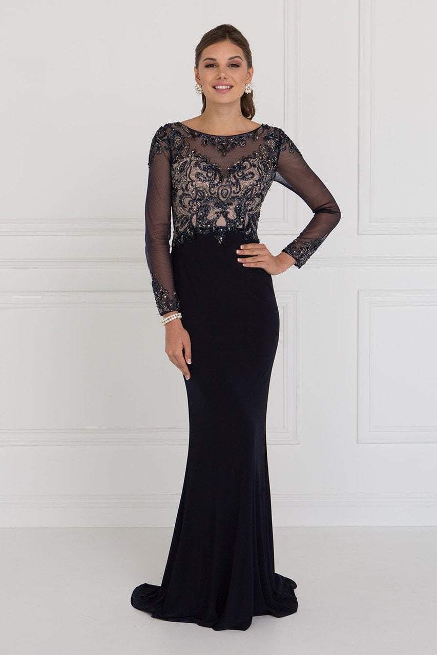 GL1506 Sheer Long Sleeves Sequined Evening Dress