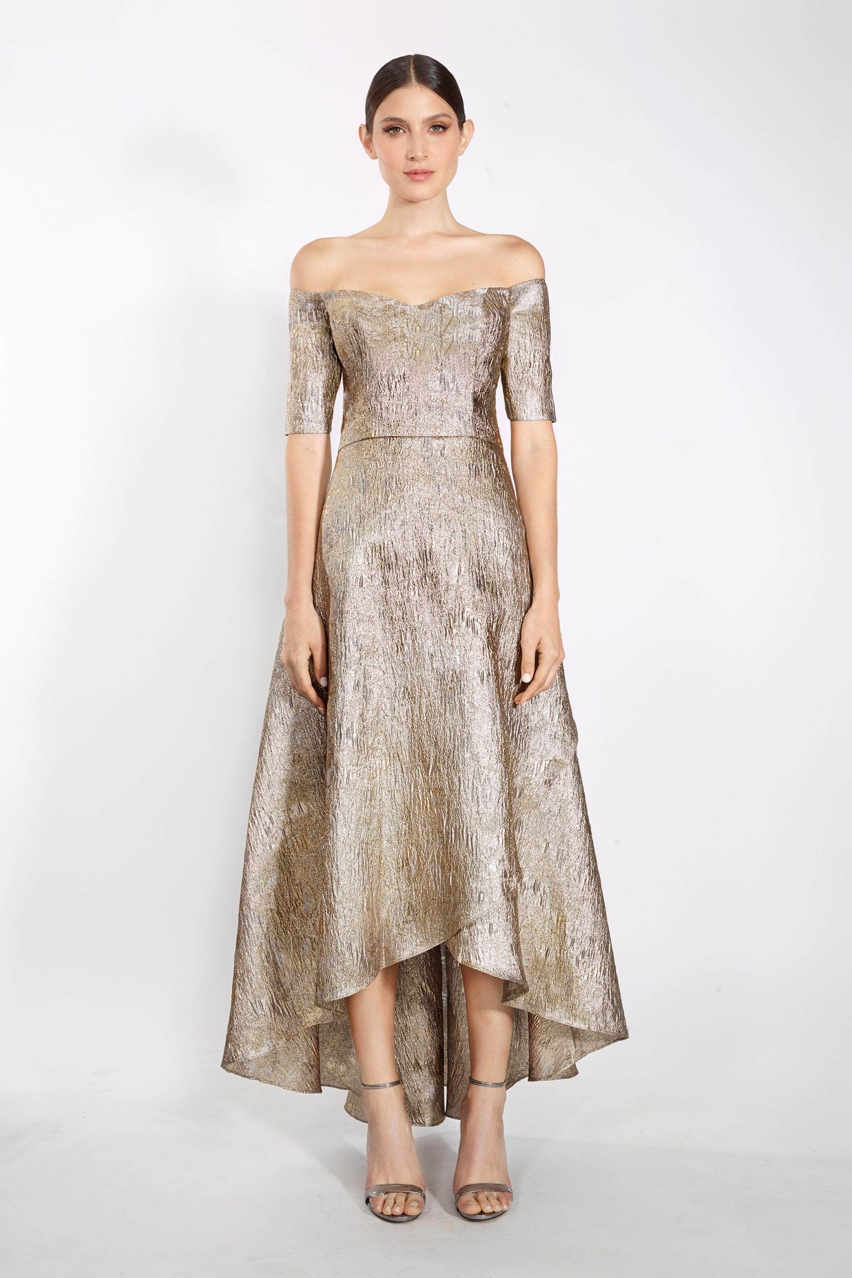 61022 Off Shoulder Jacquard High Low A-line Dress