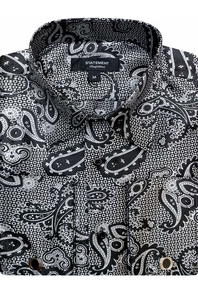 Men’s Fancy French Cuff Long Sleeve Dress Shirt in Black Paisley Print
