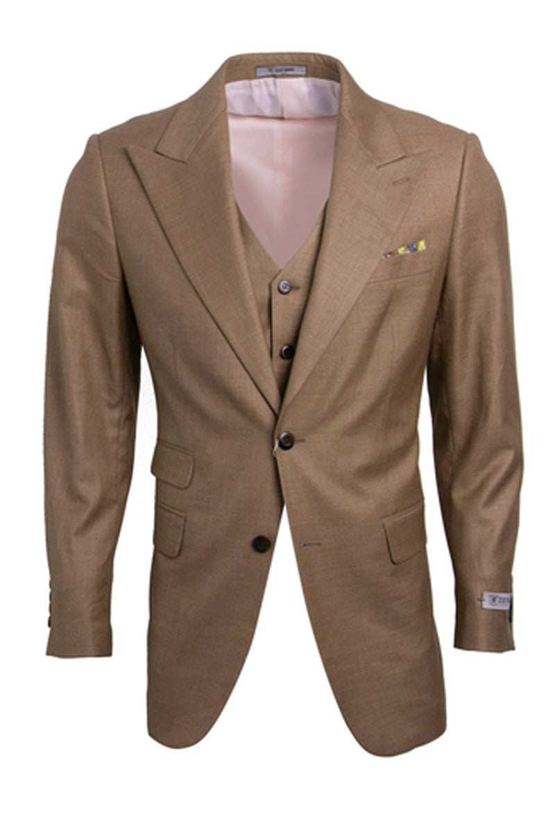Men’s One Button Peak Lapel Vested Stacy Adams Sharkskin Suit in Taupe