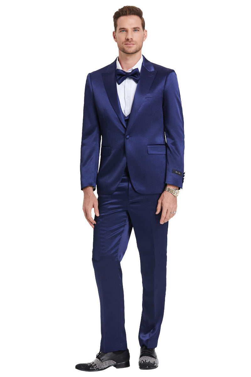 Men’s One Button Vested Shiny Satin Sharkskin Prom & Wedding Party Suit in Indigo Navy Blue