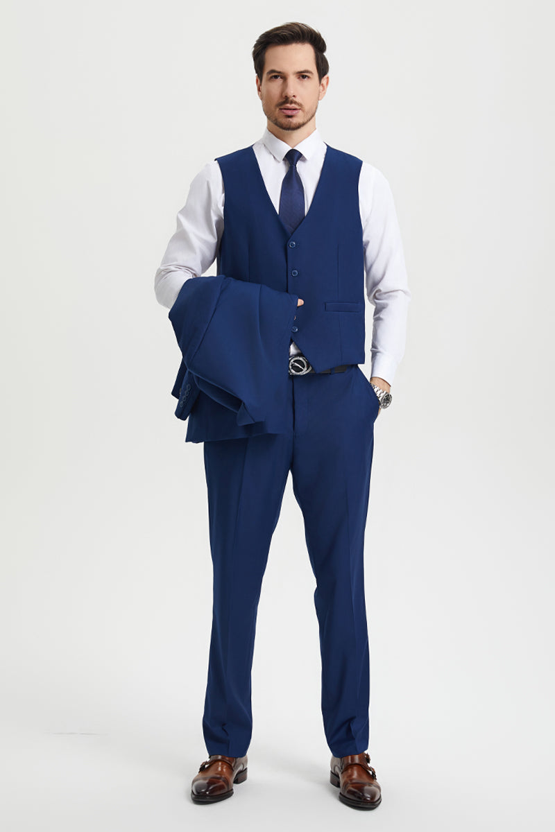 Men’s Two Button Vested Stacy Adams Basic Designer Suit in Indigo Blue