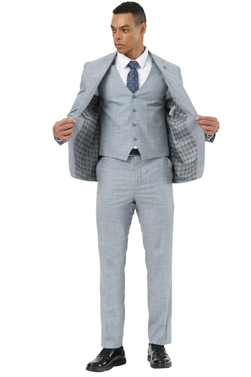 Men’s Designer Stacy Adams Vested Suit in Light Grey Sharkskin Weave