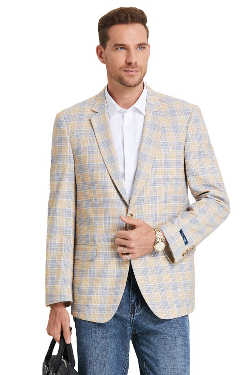 Men’s Two Button Business Casual Glen Plaid Sports Coat in Tan & Blue