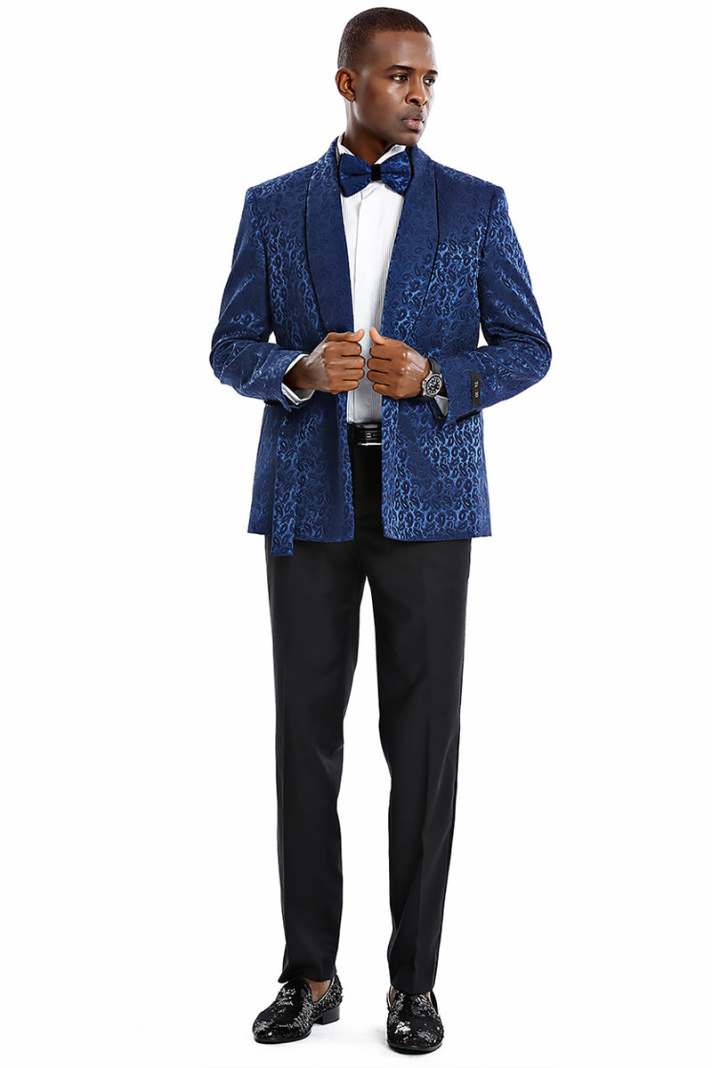 Men’s Slim Fit Double Breasted Smoking Jacket Prom & Wedding Tuxedo in Navy Blue Paisley