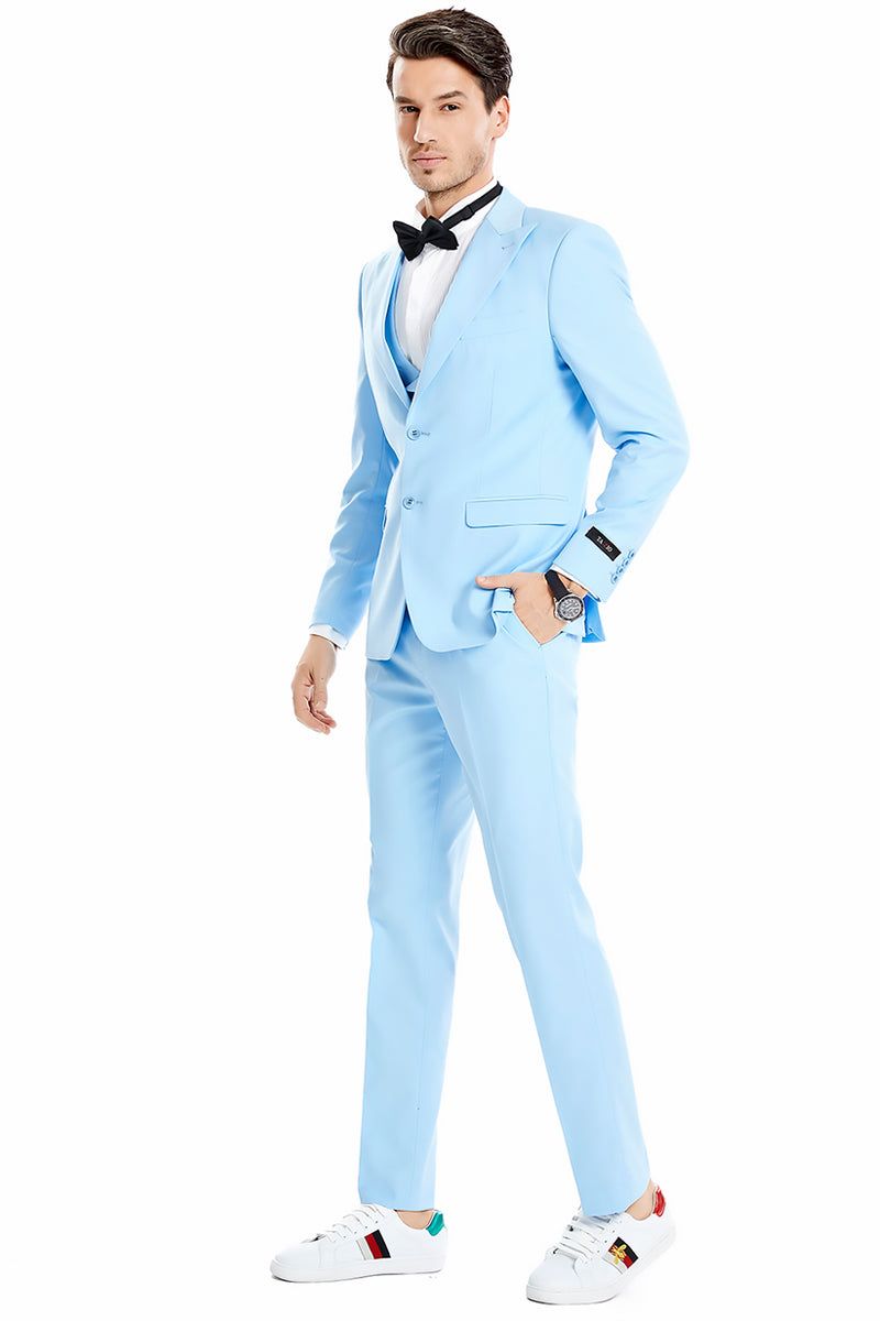 Men’s Two Button Vested Peak Lapel Pastel Wedding & Prom Suit in Sky Blue