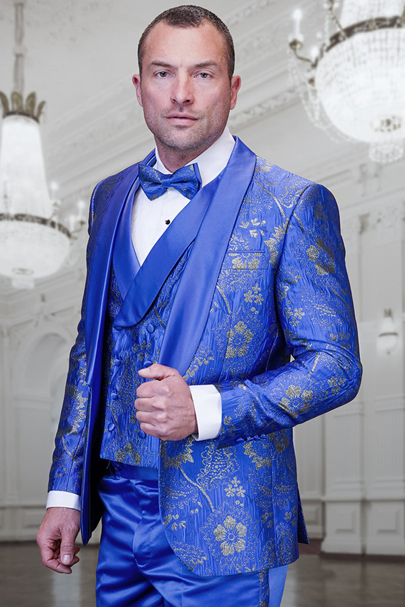 Men’s Vested Prom & Wedding Tuxedo in Royal Blue Paisley Lace Print
