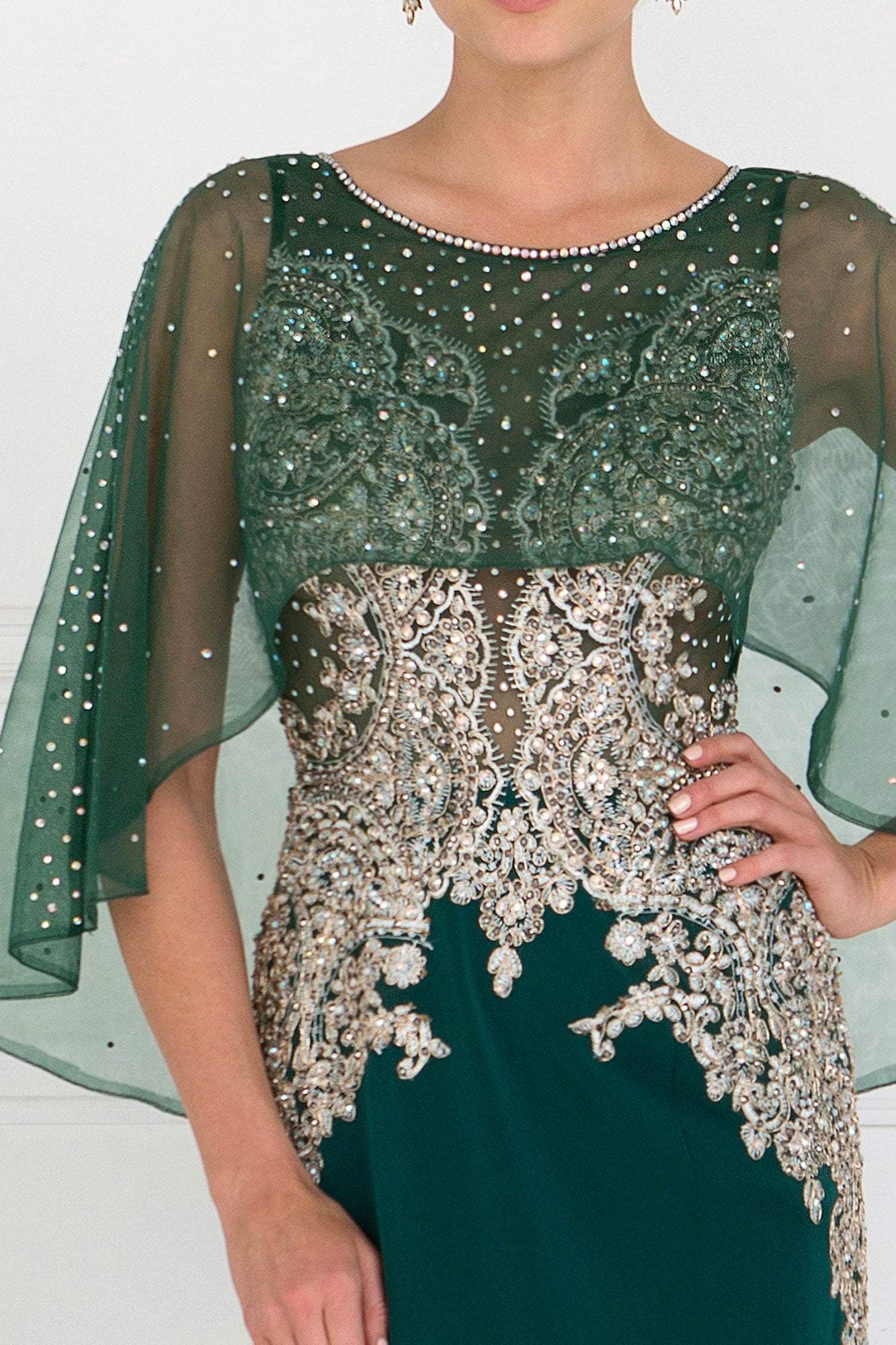 GL1595 Embroidered Bateau Jersey Trumpet Dress