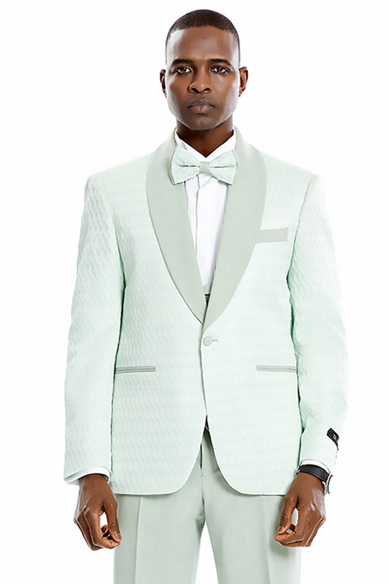 Men’s One Button Vested Honeycomb Lace Design Wedding & Prom Tuxedo in Mint Green