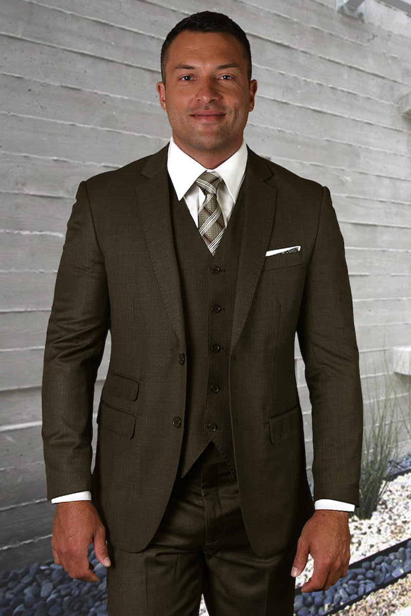 Men’s Designer Vested Modern Fit Wool Wedding & Business Suit in Truffle Taupe