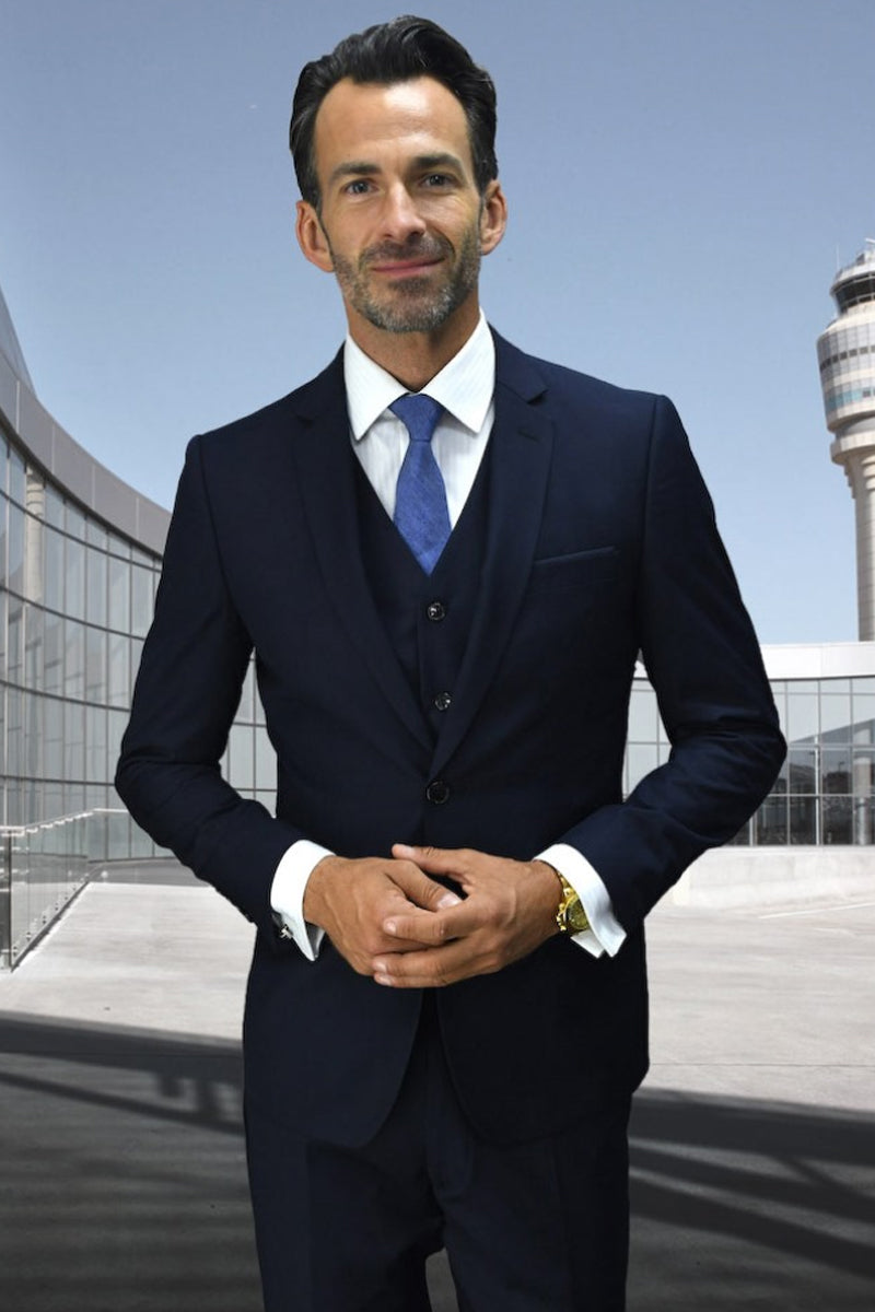 Men’s Designer Slim Fit Vested Wool Wedding Suit in Navy Blue