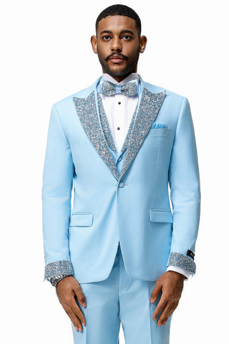 Men’s One Button Rhinestone Peak Lapel Vested Prom Tuxedo in Sky Blue