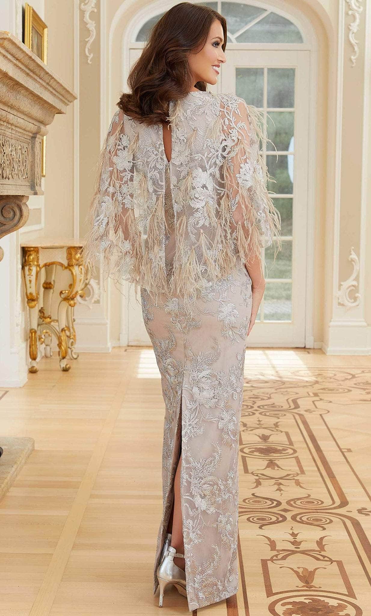 Feathered Capelet Formal Dress