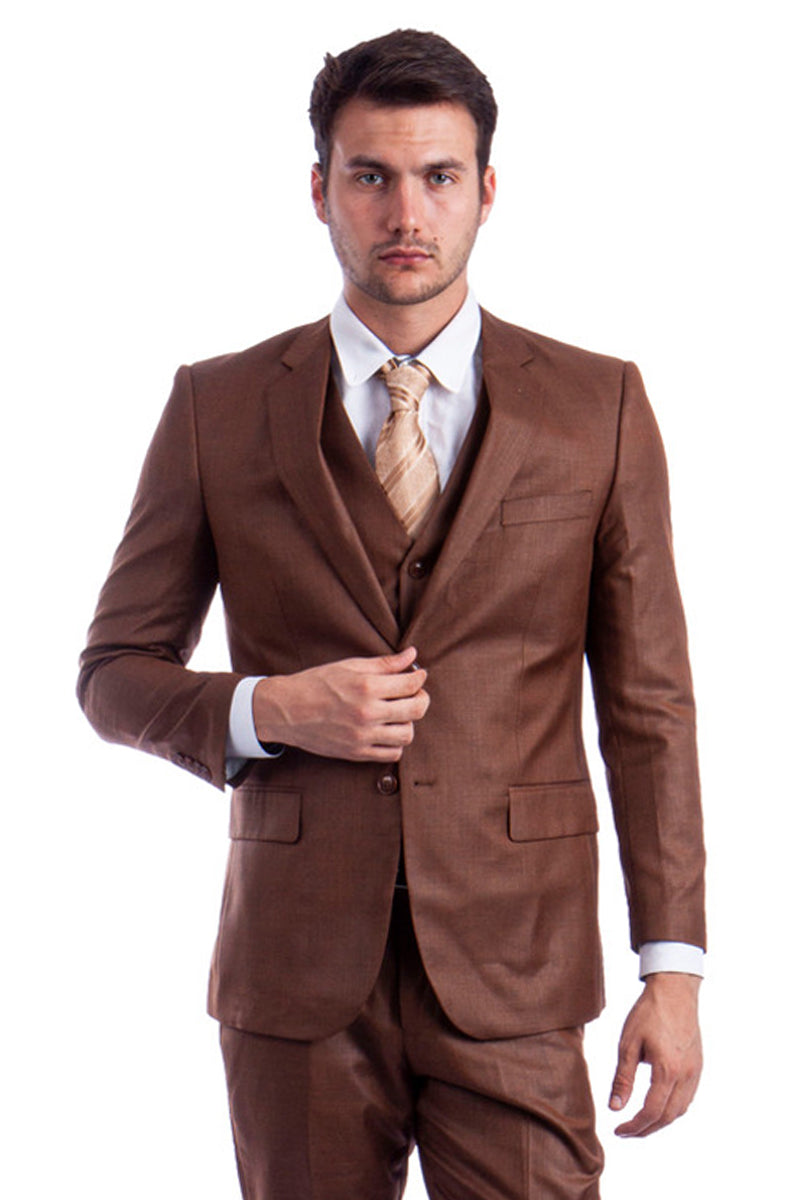 Men’s Two Button Hybrid Fit Vested Sharkskin Wedding & Business Suit in Cognac