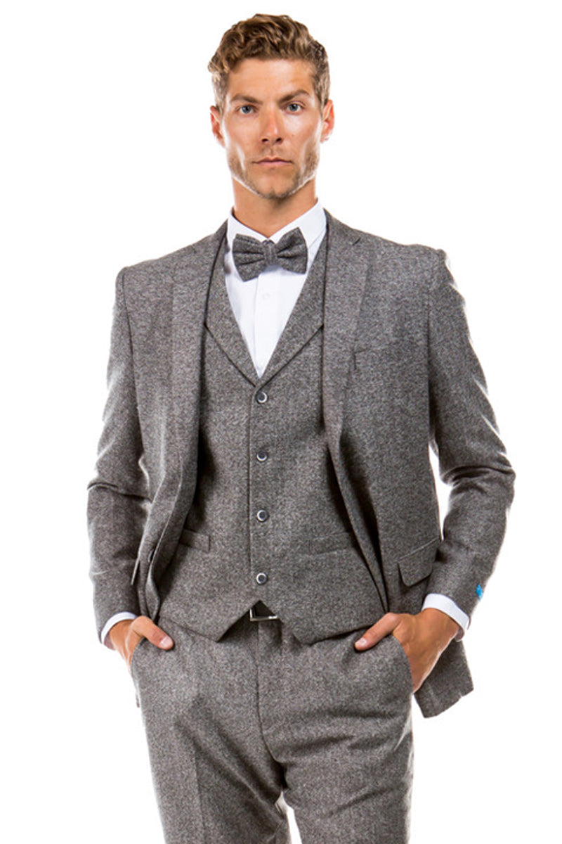 Men’s Two Button Vested Vintage Style Tweed Wedding Suit in Grey