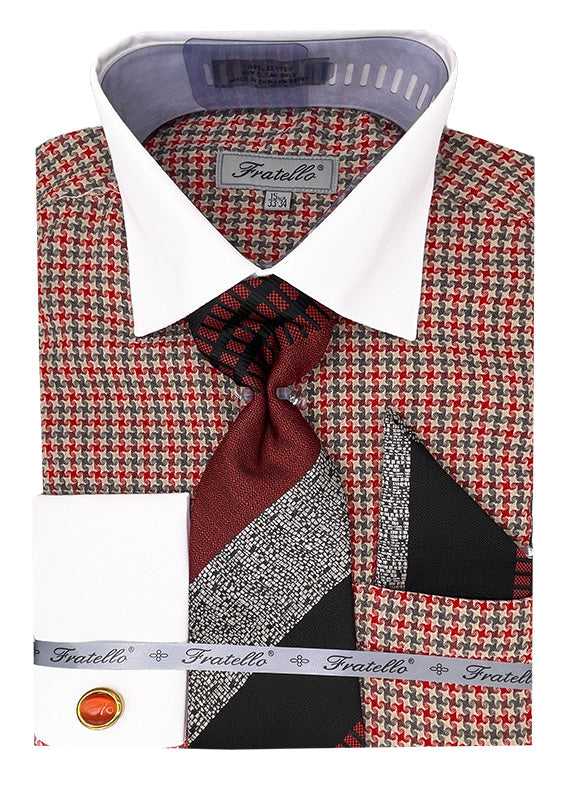 Men’s Vintage Style Multi-Colored Houndstooth Dress Shirt & Tie Package in Red