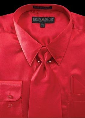 Men’s Regular Fit Shiny Satin Dress Shirt, Tie & Pocket Square Set in Red