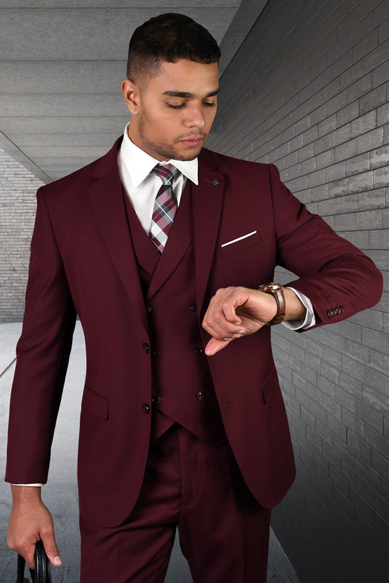 Men’s Designer Modern Fit Double Breasted Vest Wool Wedding Suit in Burgundy