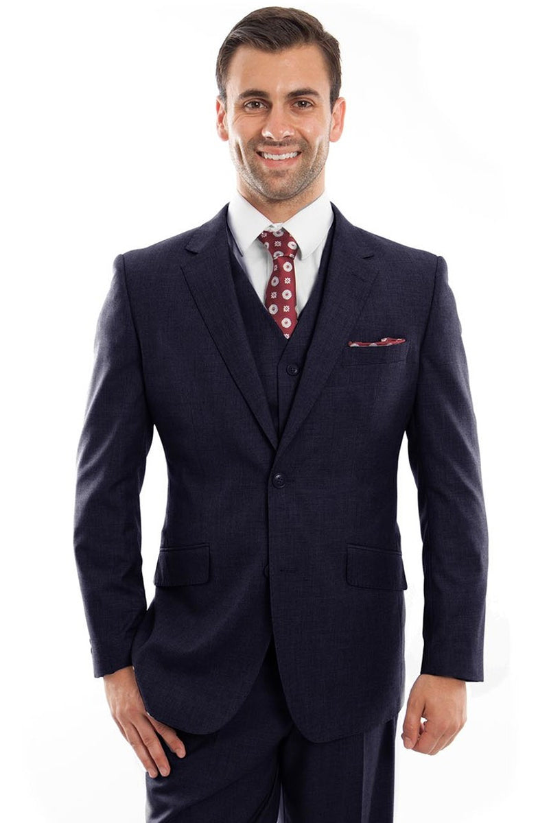 Men’s Designer Two Button Modern Fit Vested Wool Suit in Navy Blue