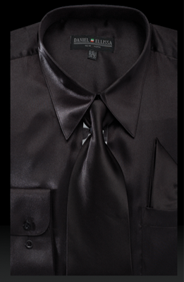Men’s Regular Fit Shiny Satin Dress Shirt, Tie & Pocket Square Set in Black