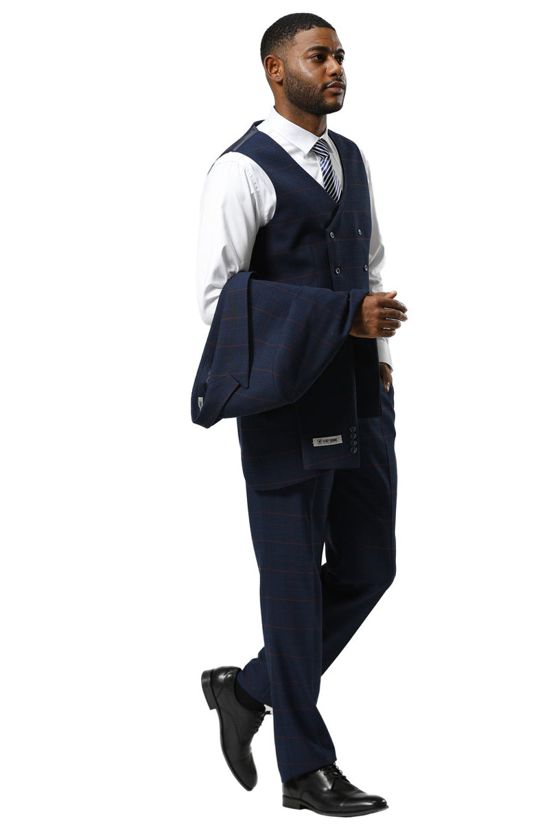 Men’s Stacy Adams One Button Peak Lapel Suit With Double Breasted Vest in Navy Glen Plaid
