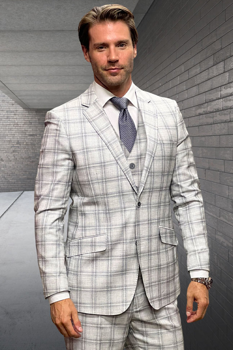 Men’s Designer Vested Wool Suit in Tan Double Windowpane Plaid