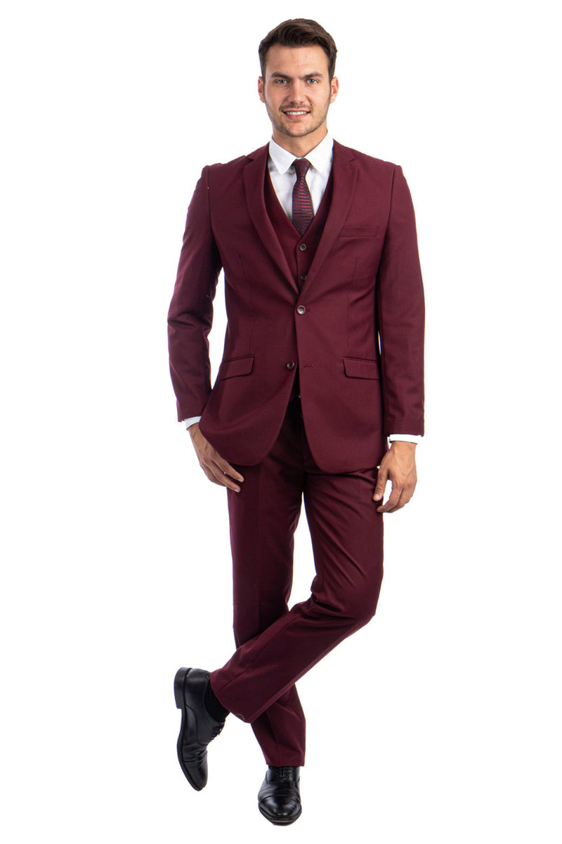 Men’s Two Button Basic Hybrid Fit Vested Suit in Burgundy