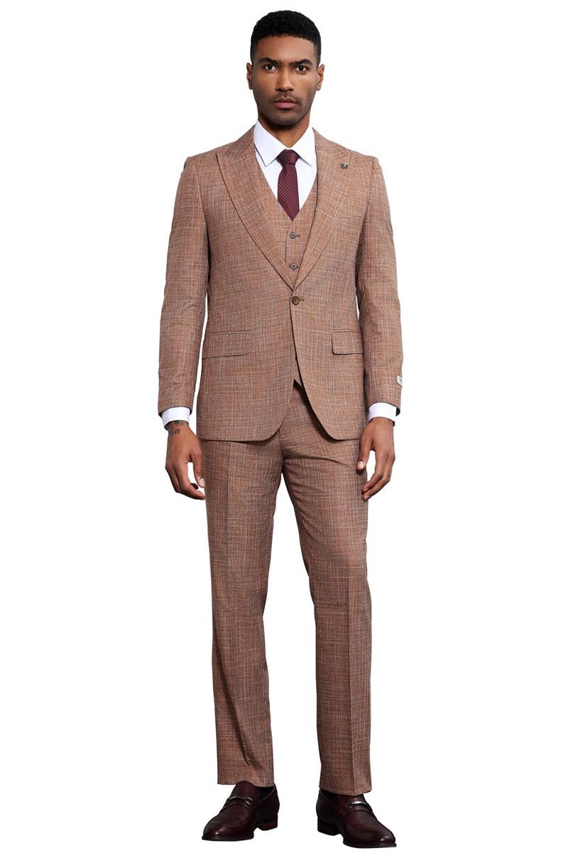 Men’s Stacy Adams Vested Sharkskin Weave Pattern Suit in Light Rust