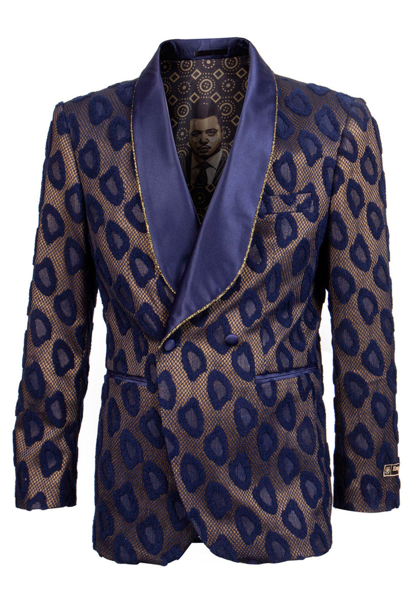 Men’s Double Breasted Cheetah Print Tuxedo Dinner Smoking Jacket in Navy & Gold
