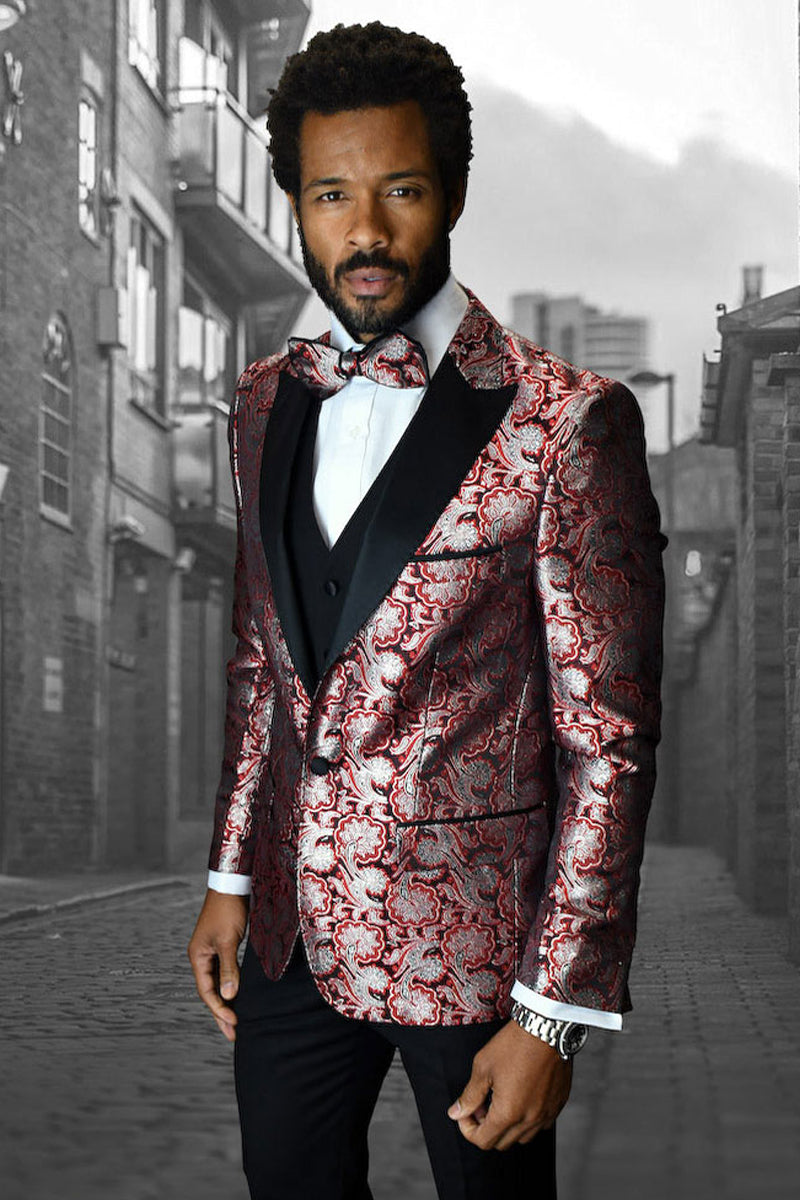 Men’s Vested One Button Satin Paisley Prom & Wedding Tuxedo in Red