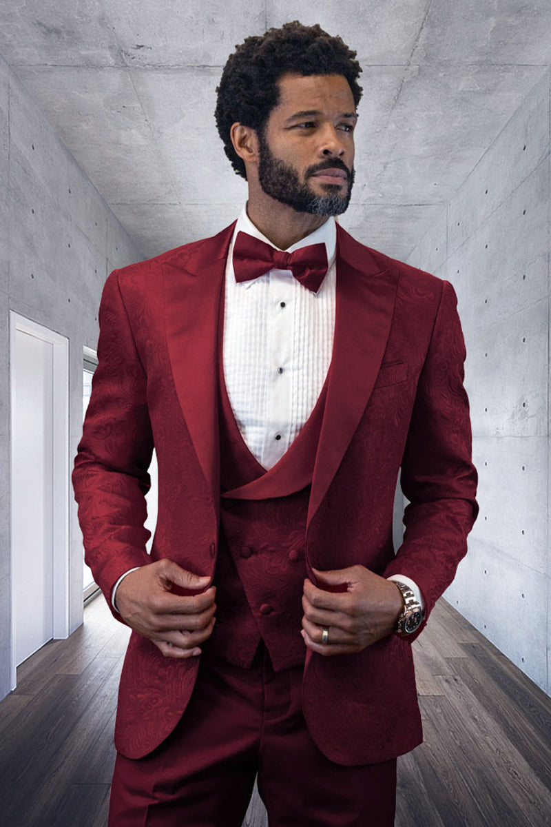 Men’s Designer Vested Tonal Paisley Wedding & Prom Tuxedo in Burgundy