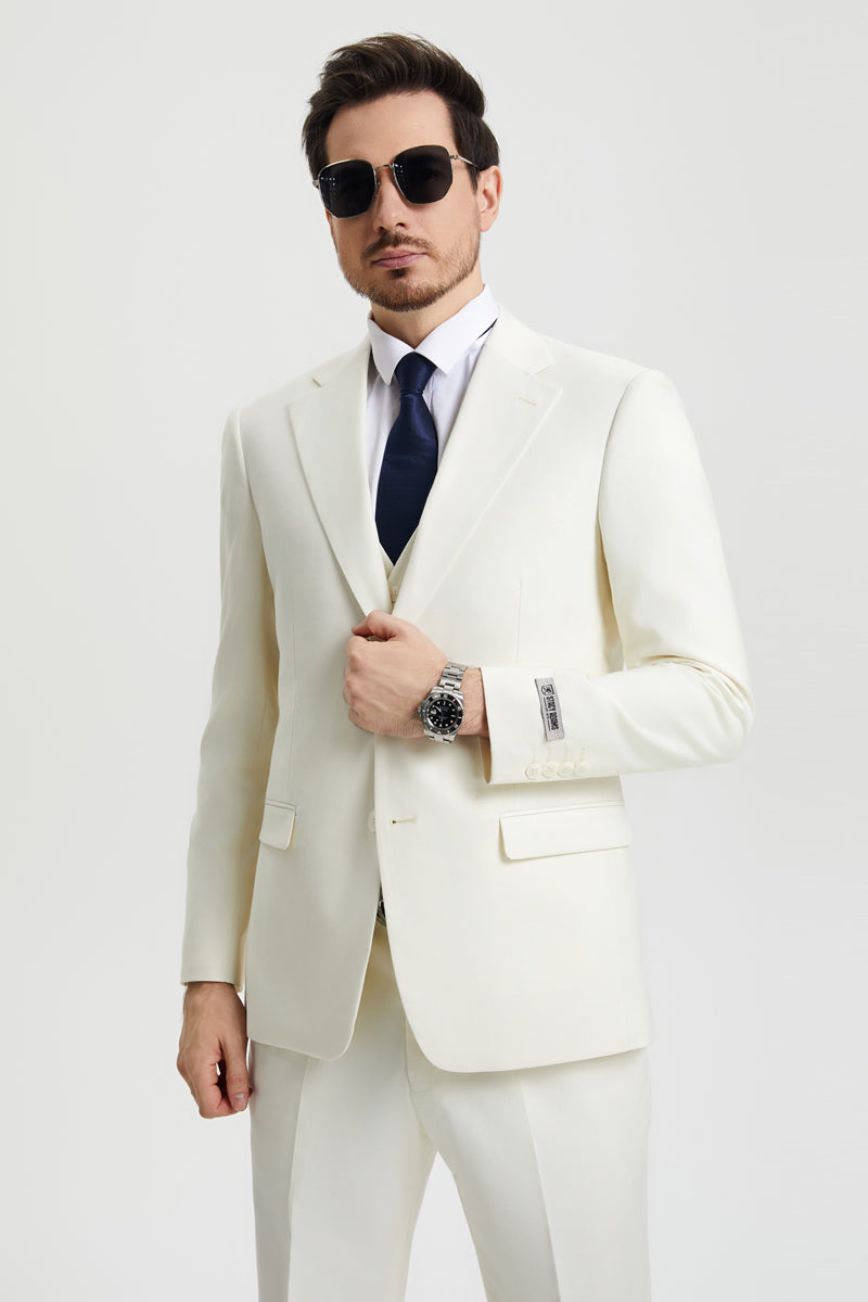 Men’s Two Button Vested Stacy Adams Basic Designer Suit in Ivory Off White