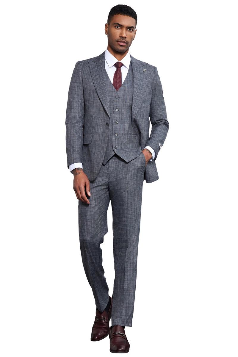 Men’s Stacy Adams Vested Sharkskin Weave Pattern Suit in Grey