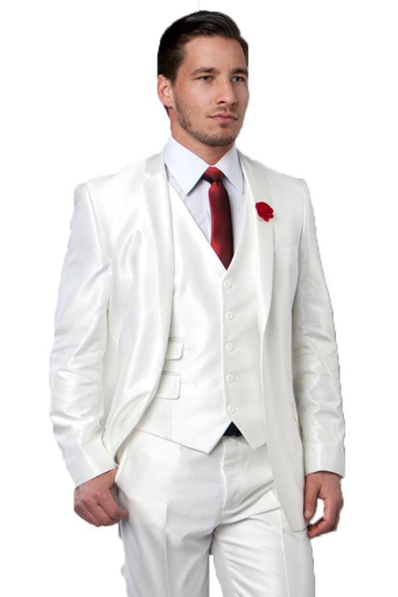 Men’s Two Button Vested Shiny Sharkskin Wedding & Prom Fashion Suit in Ivory