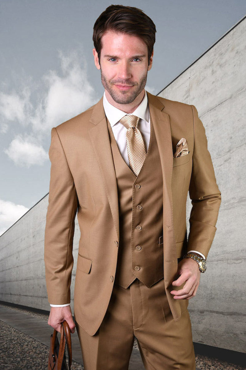 Men’s Designer Vested Modern Fit Wool Business & Wedding Suit in Dark Tan Caramel