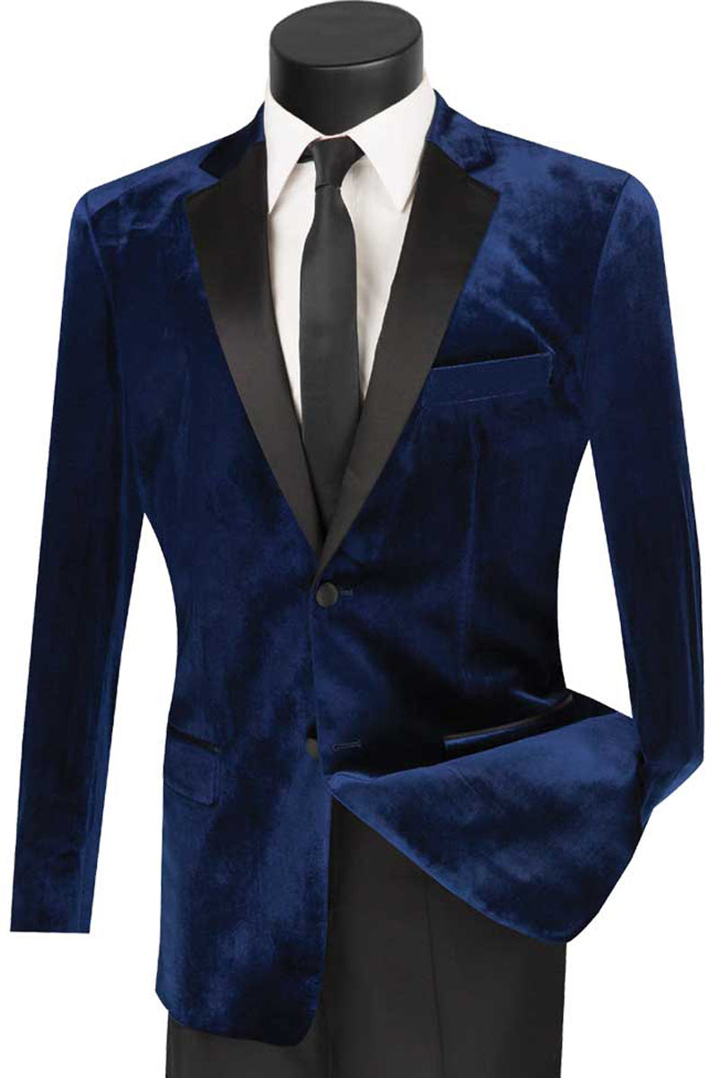 Mens Modern Designer Velvet Prom and Wedding Tuxedo in Navy