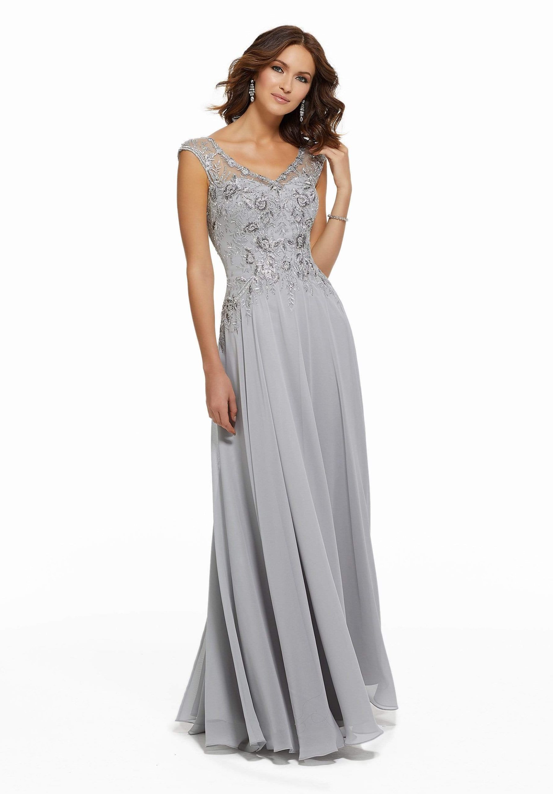 72021 Beaded Lace V-neck A-line Chiffon Gown
