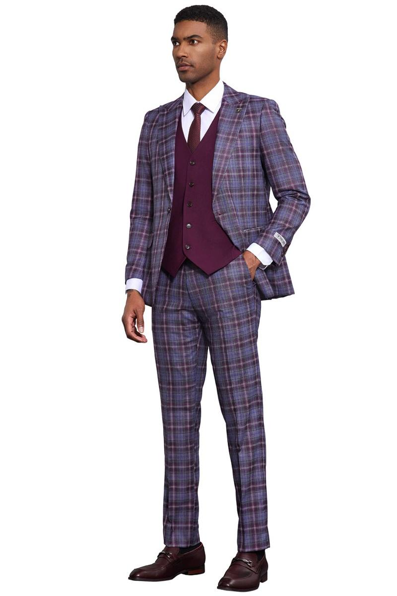 Men’s Stacy Adams Bold Windowpane Plaid Print Vested Suit in Lavender & Purple