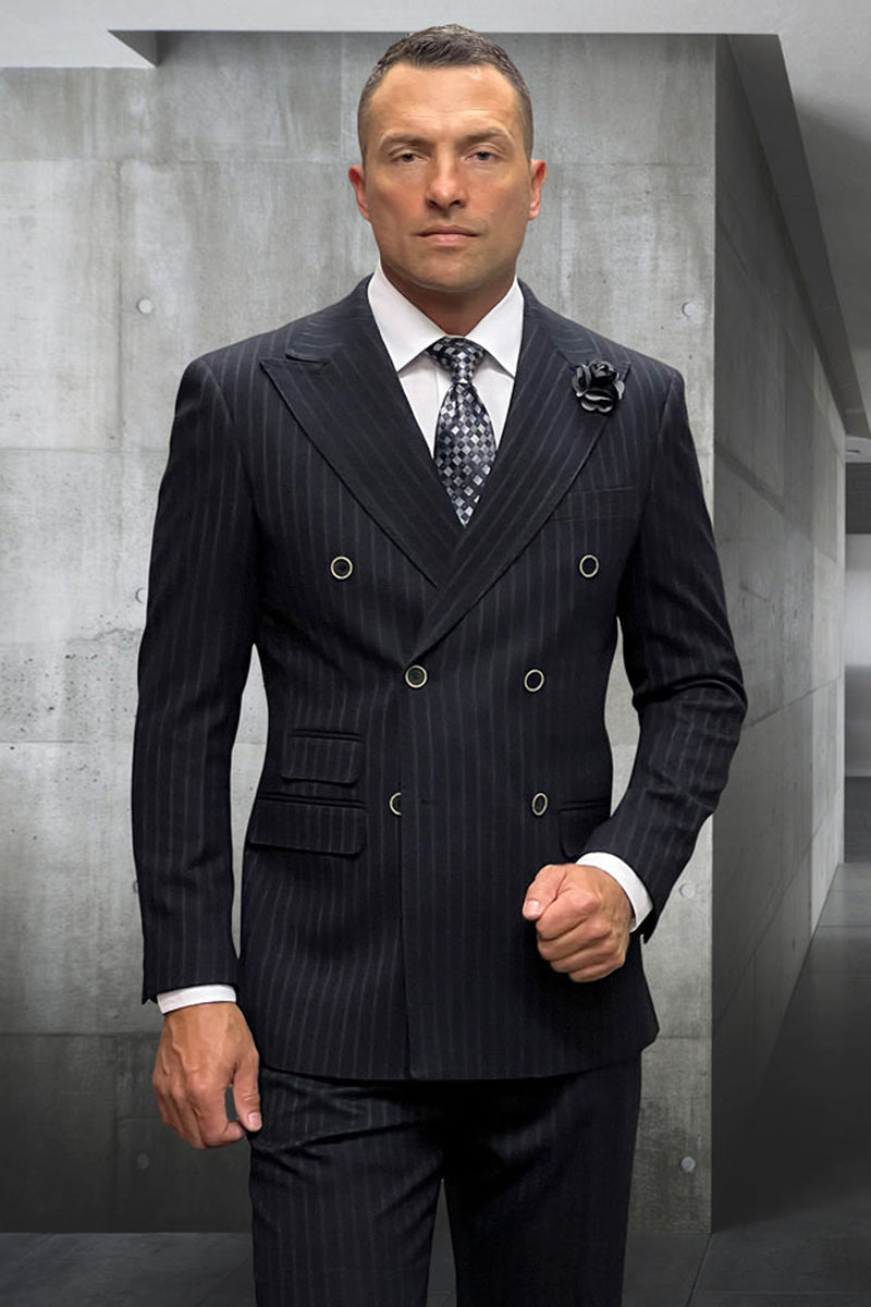 Men’s Designer Classic Fit Double Breasted Wool Pinstripe Suit in Black