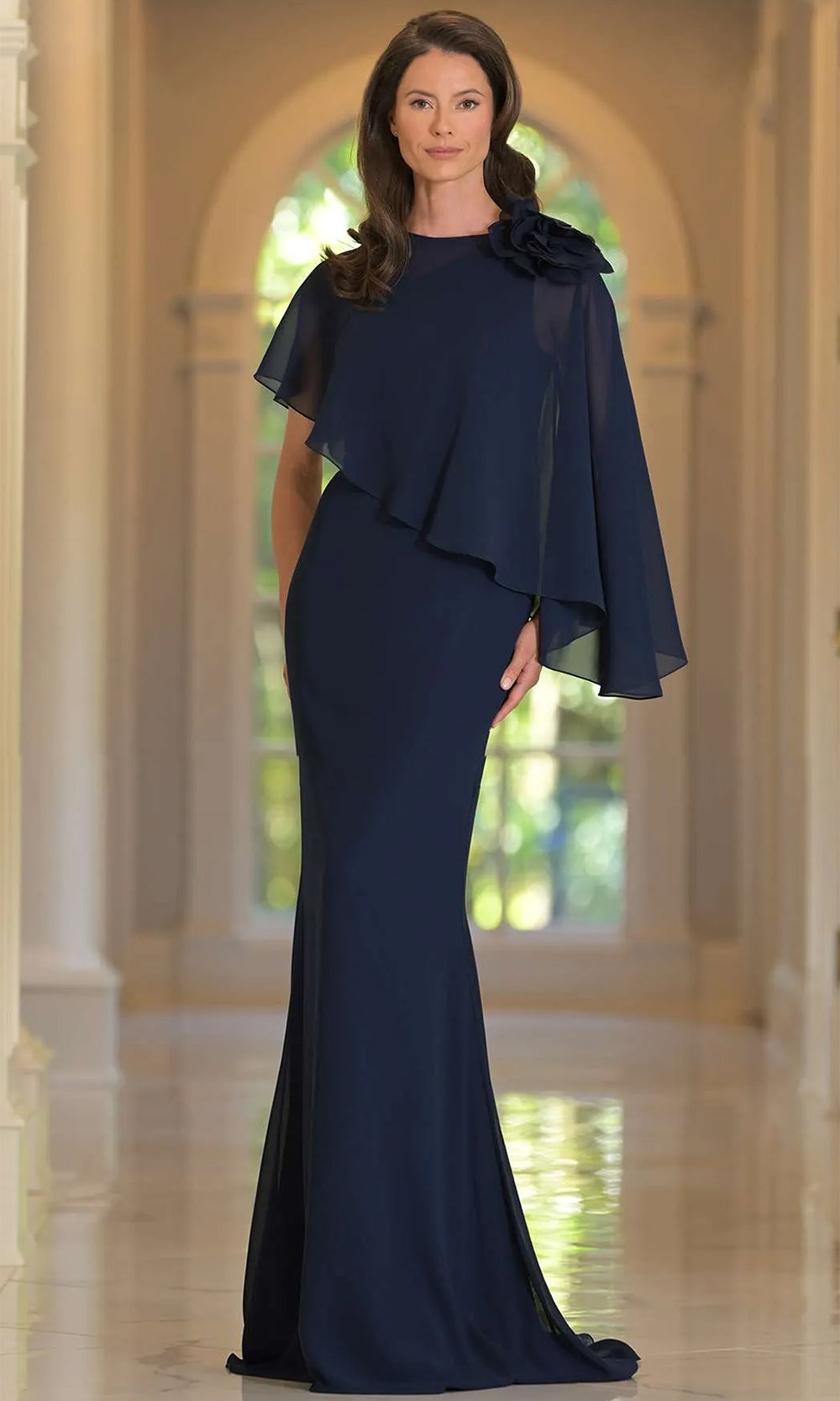 Applique Cape Evening Gown