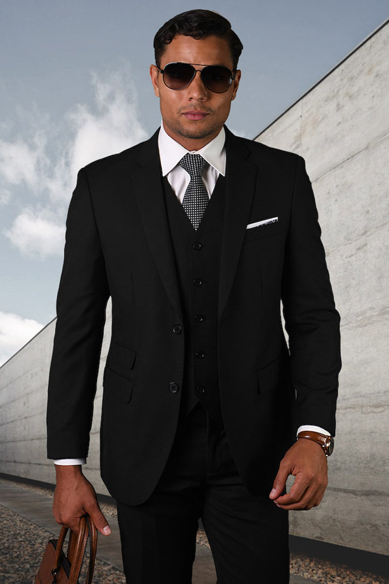Men’s Designer Two Button Modern Fit Vested Basic Wool Suit in Black