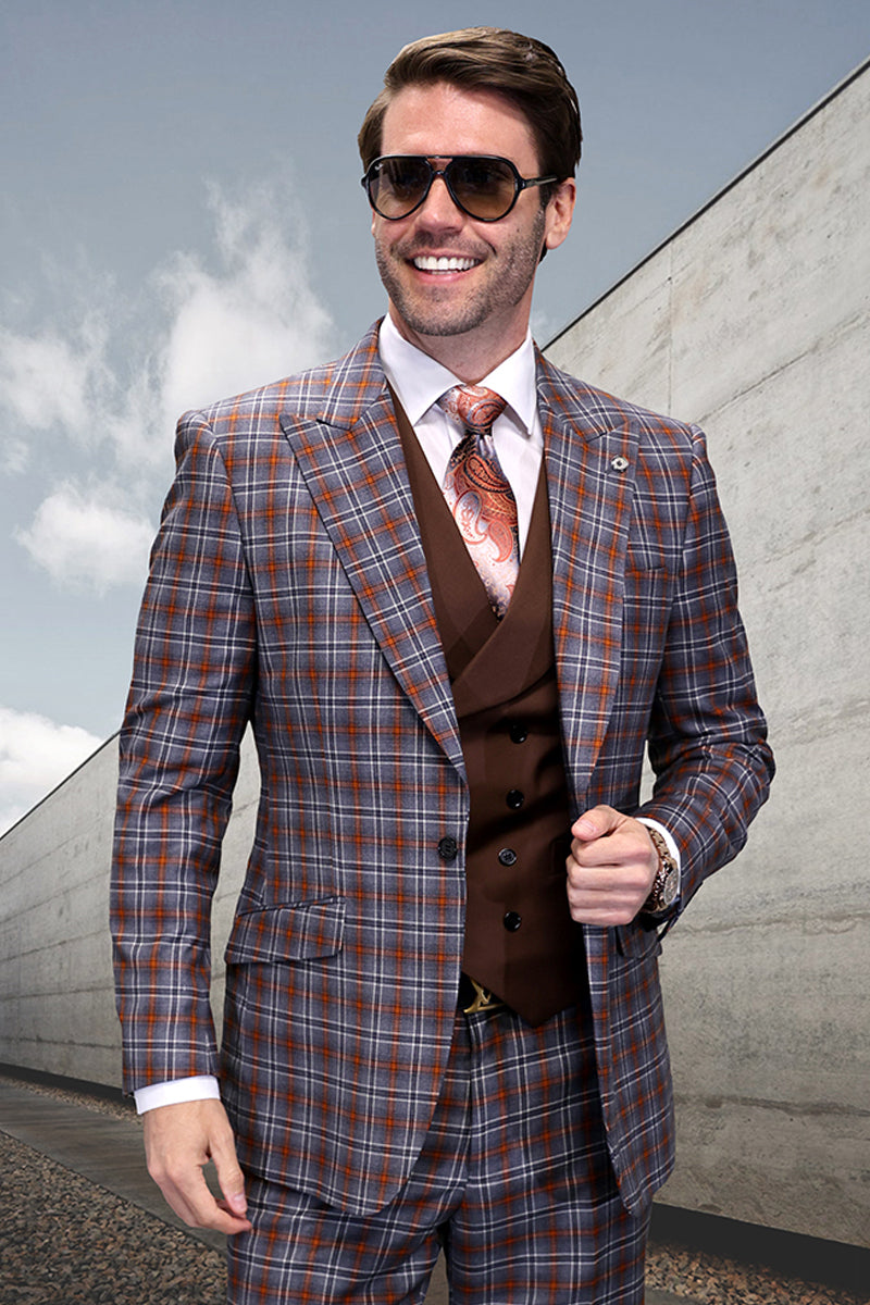 Men’s Single Button Designer Wool Suit With Double Breasted Vest in Grey & Rust Windowpane Plaid