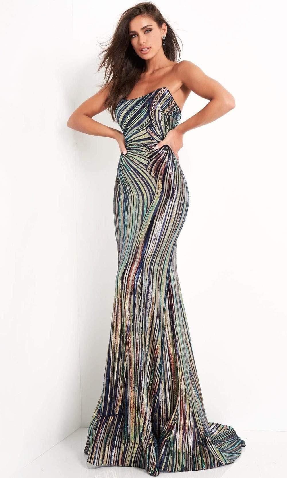 04810 Strapless Geometric Sequined Dress