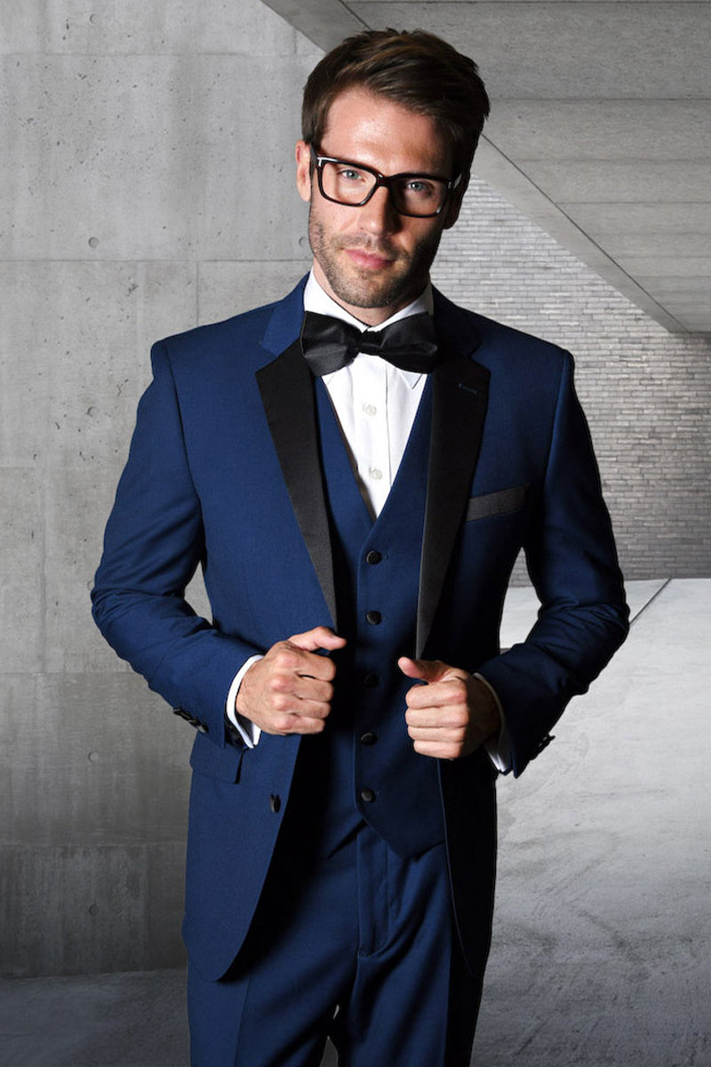 Men’s Designer Modern Fit Vested Wool Wedding Tuxedo in Sapphire Blue