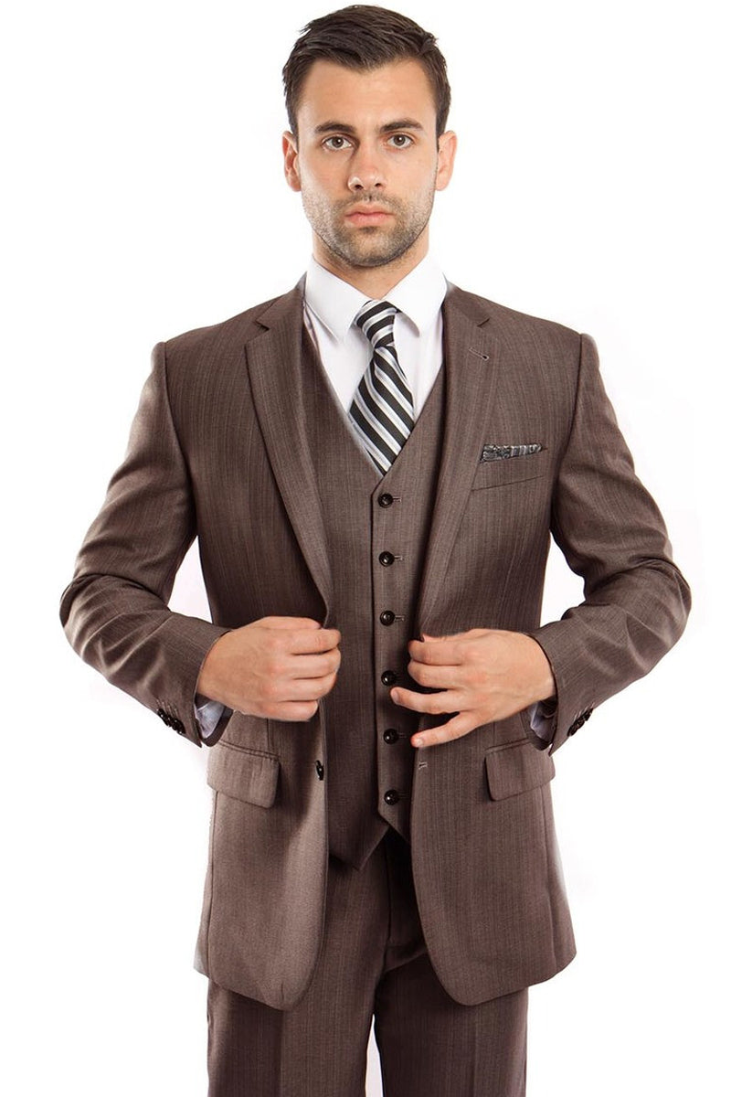 Men’s Two Button Vested Textured Sharkskin Business Suit in Brown