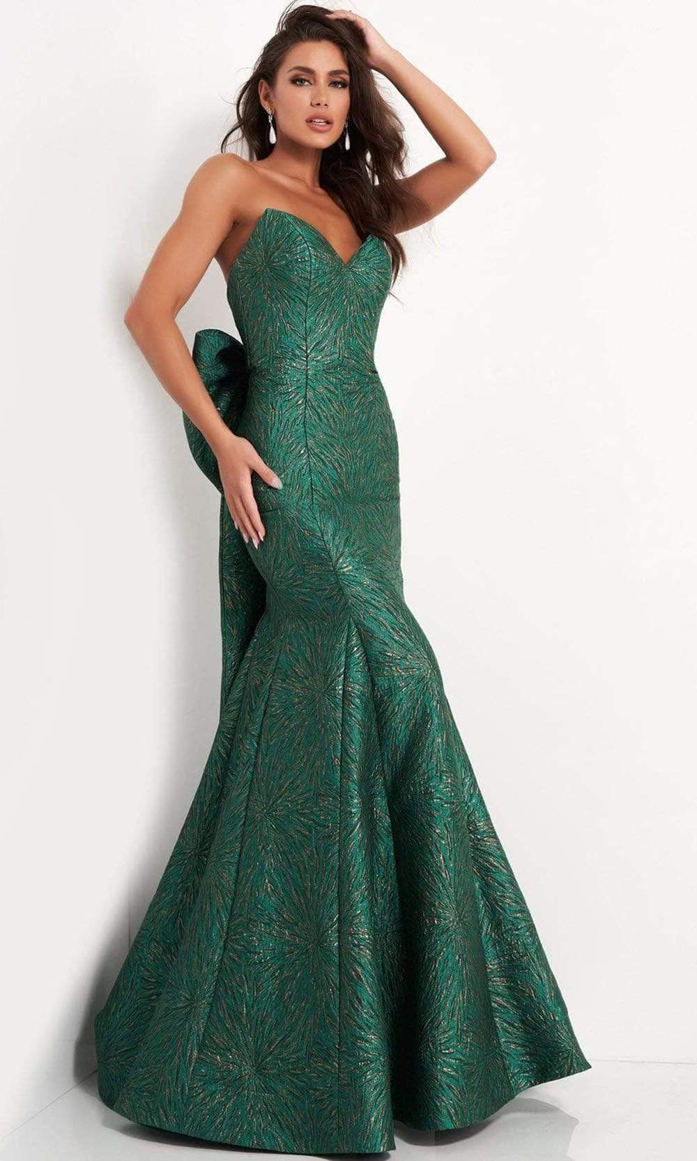 04158 Strapless Bow Accent Open Back Jacquard Evening Dress