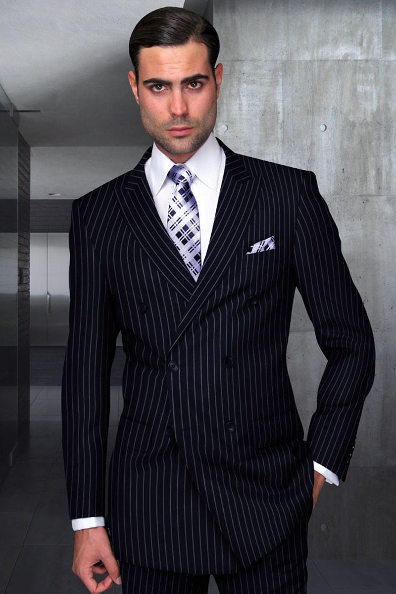 Men’s Designer Double Breasted Wool Suit in Bold Navy Blue Gangster Pinstripe.
