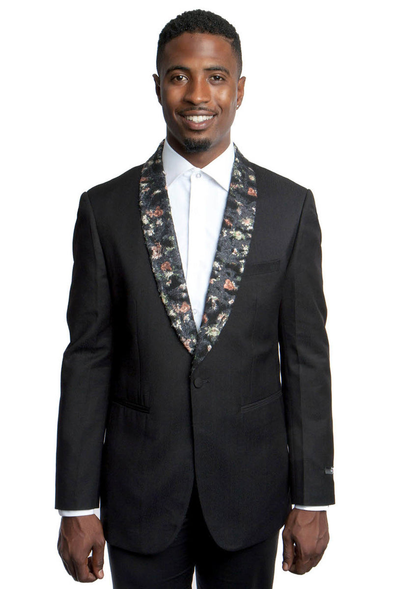 Men’s One Button Slim Fit Dinner Jacket in Black with Floral Pattern Lapel