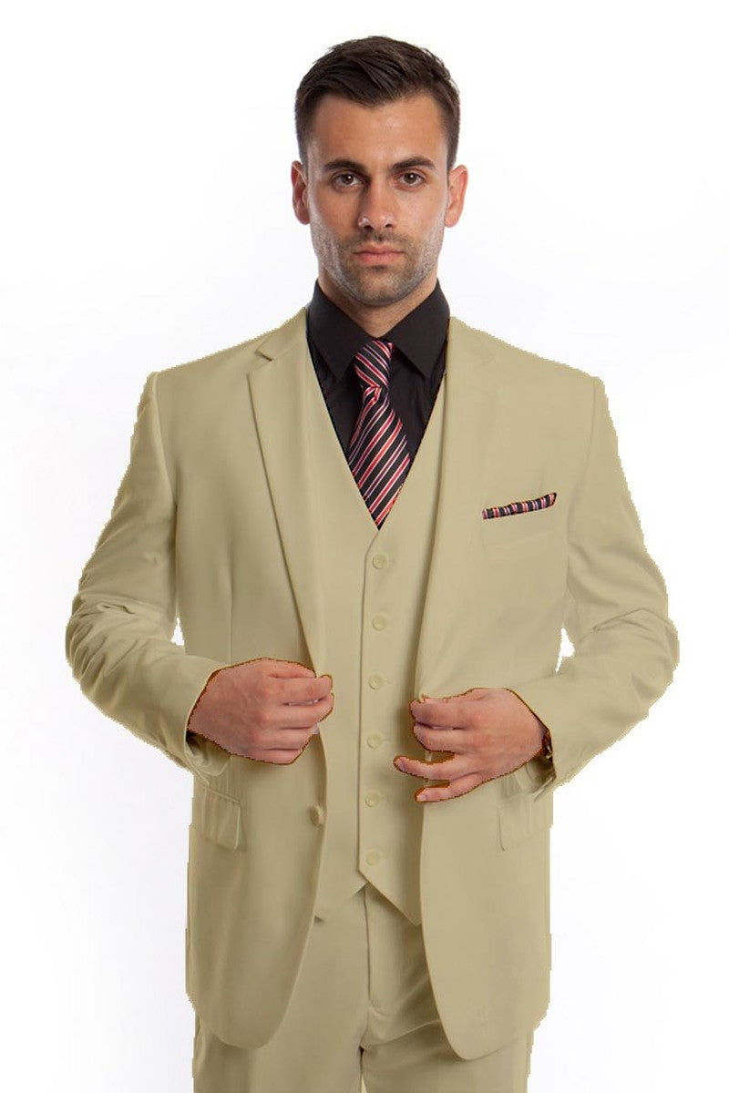 Men’s Vested Two Button Solid Color Wedding & Business Suit in Sand