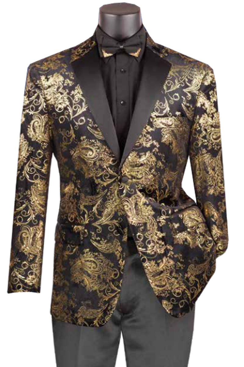Mens Paisley Velvet Foil Smoking Jacket Tuxedo in Gold